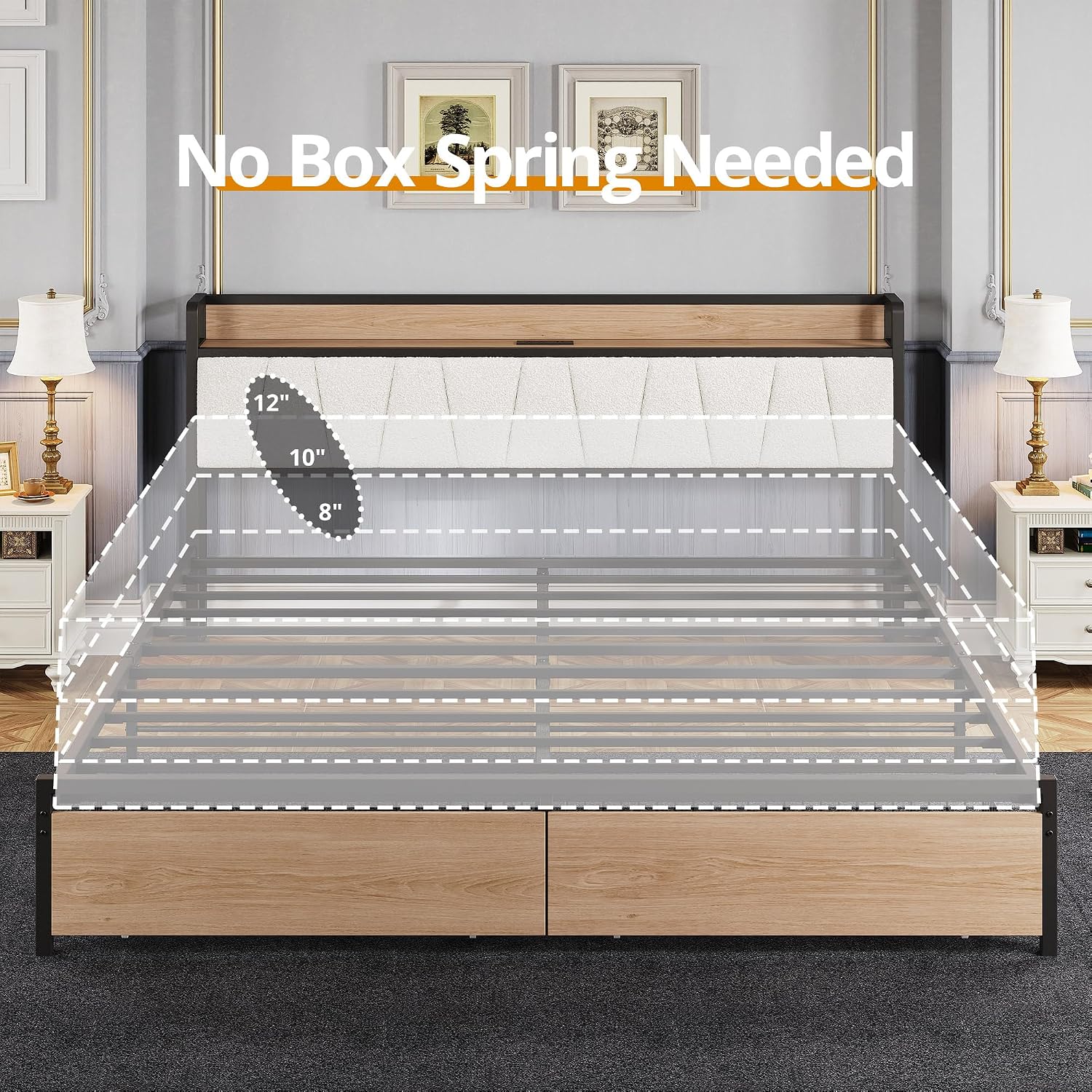 LIKIMIO California King Size Bed Frame, Storage Headboard with Charging Station, Platform Bed with Drawers, No Box Spring Needed, Easy Assembly, Wood and Cream