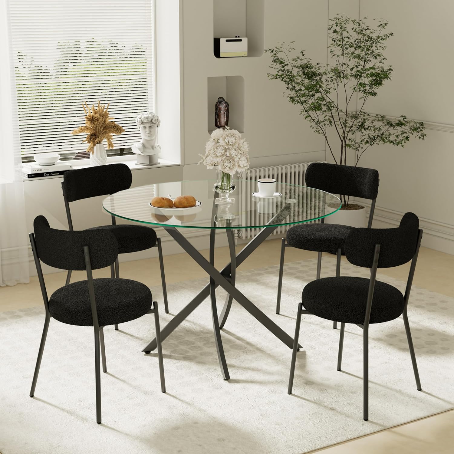 RGZ 5 Pieces Modern Black Round Kitchen Table Set, Clear Circle Glass Dining Table with Black Boucle Chairs Set of 4, 36'' Small Luxury Circular Dinner Room Set, for Home Apartment Bedroom Café