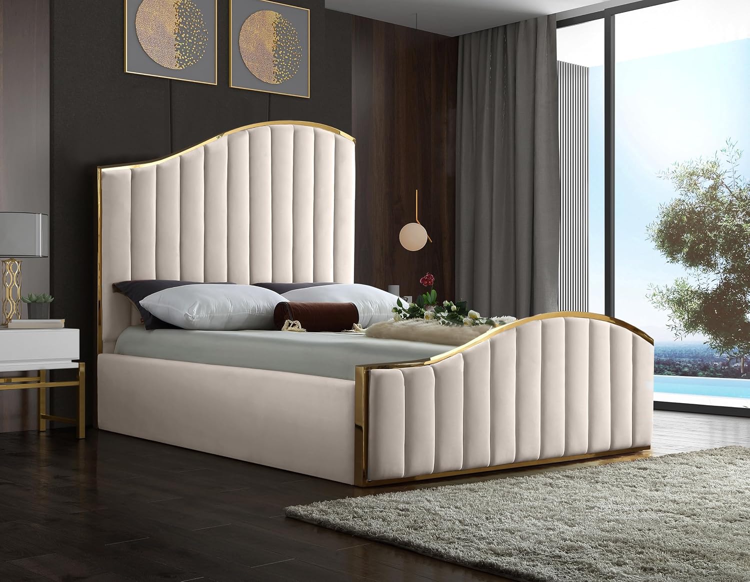 Meridian Furniture Jolie Collection Modern | Contemporary Velvet Upholstered Bed With Channel Tufting, And Polished Gold Metal Frame, Cream, Queen