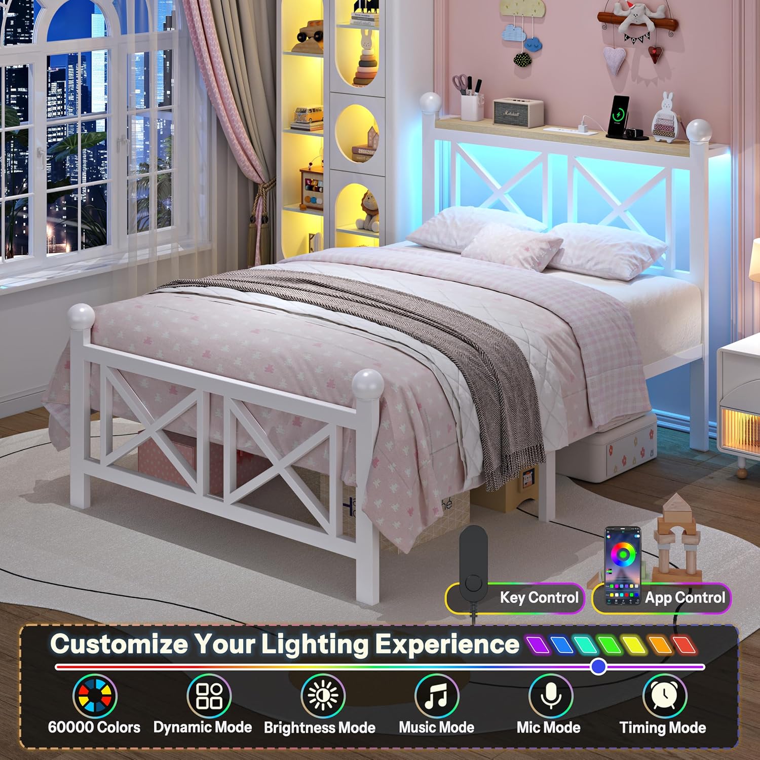 ChicZhiNest Twin Size Bed Frame with Charging Station and LED Lights, Metal Platform Bed with Wood Headboard and Storage Shelf, Underbed Storage, No Box Spring Needed, White