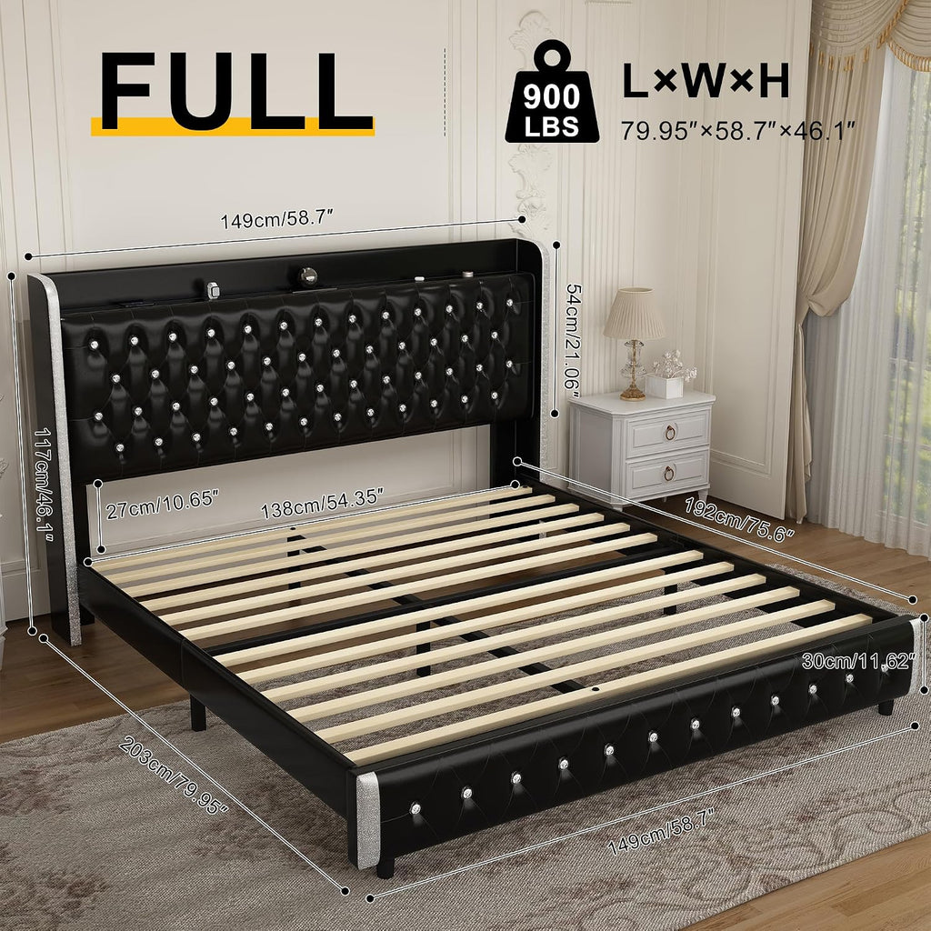GEGOFORU Full Bed Frame with LED Lights and Galaxy Projecton, Upholstered Wingback Platform Bed, No Box Spring Needed, Sturdy Noiseless Modern Headboard with Starry Accents, Easy Assembly, PU Black