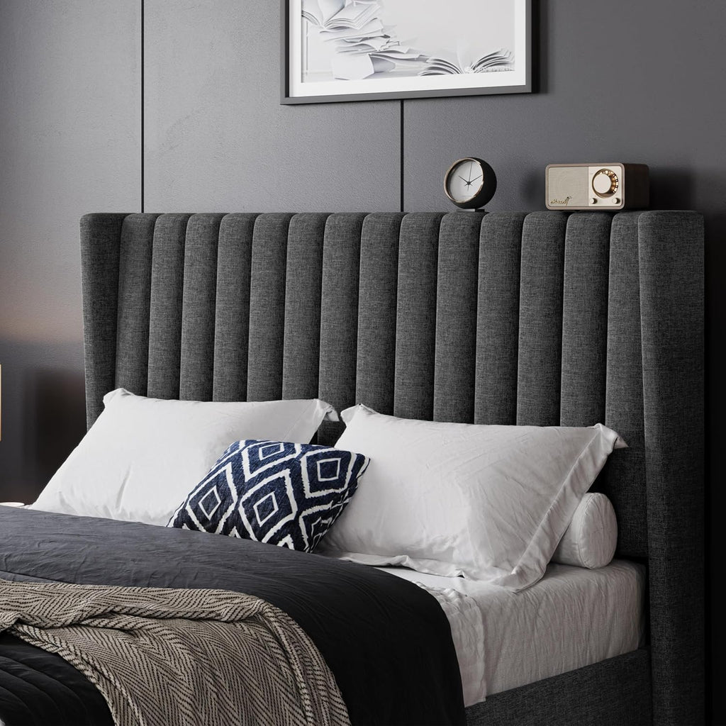 Yaheetech Full Bed Frame Upholstered Platform Bed with Fabric Headboard, Wing Edge Design/Non-Slip and Noise-Free/Wooden Slats Support/No Box Spring Needed/Easy Assembly, Dark Gray Full Bed