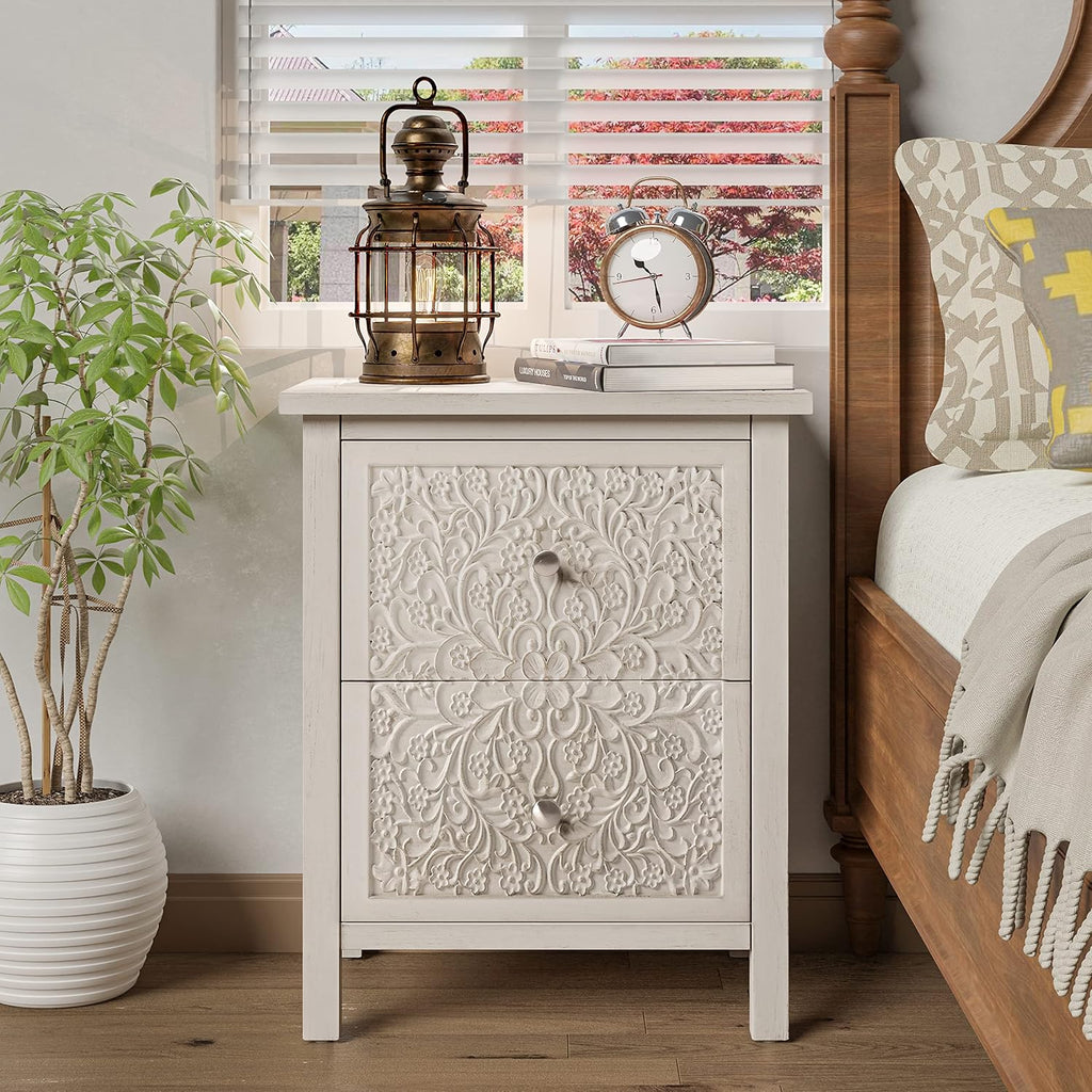 COZAYH Set of 2 Farmhouse Fully-Assembled Nightstand with 2-Drawer, Flower Motif End Table for Small Spaces, French Country, Modern, Distressed Finish, White-Washed