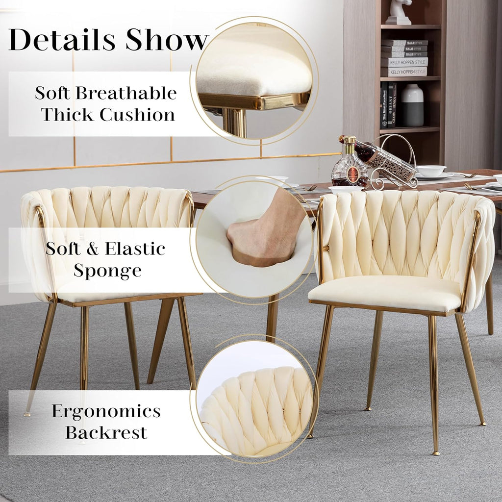 Modern Round Glass Dining Table Set for 4, 47'' Clear Circular Kitchen Table and Chairs Set, 5 PCS Mid Century Modern Circle Dining Room Table Set, Beige Woven Dining Chair for Home (Golden)