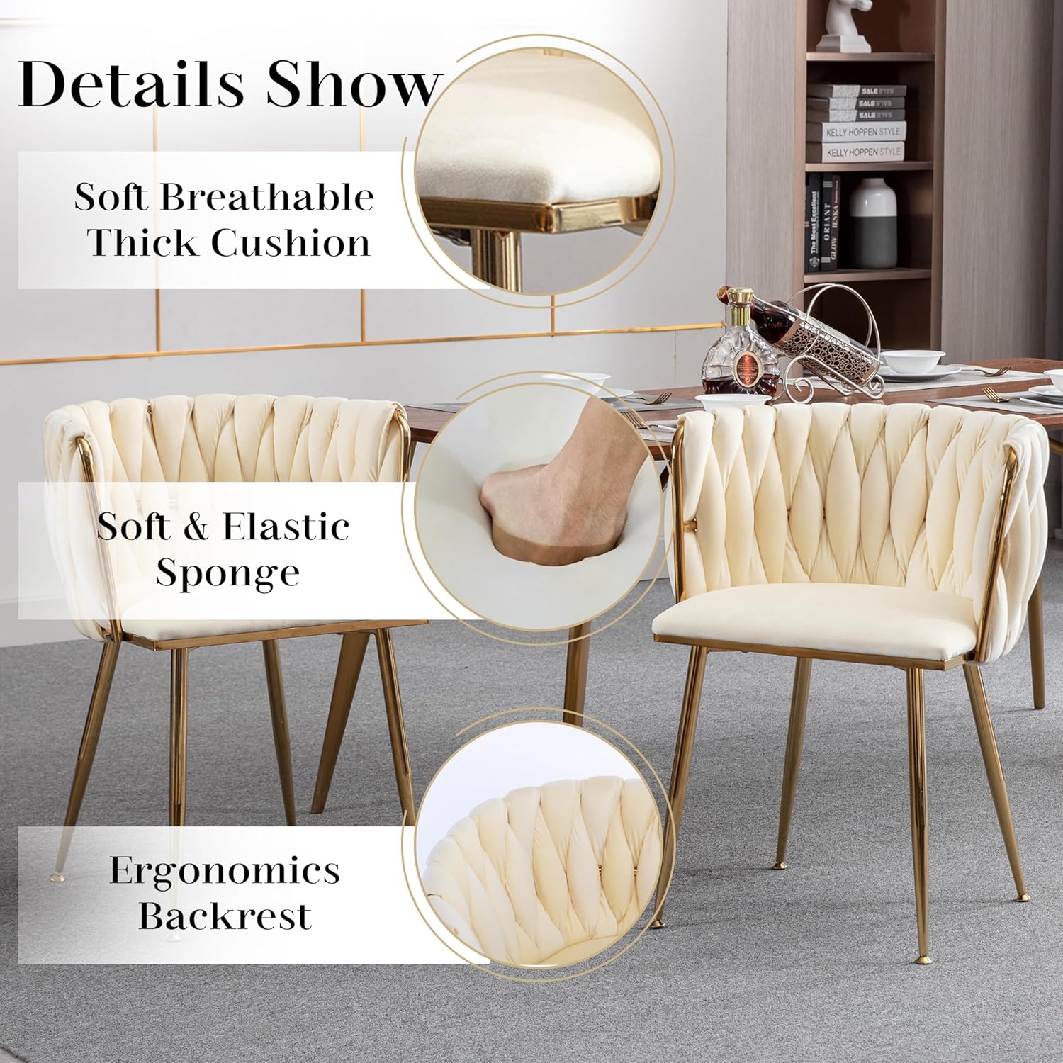 Modern Luxury Round Glass Dining Table Set, 5 PCS Minimalist Circle Dining Room Table Set for 4, 47'' Clear Circular Kitchen Table and Chairs Set of 4, Beige Woven Chair, for Home (Golden)