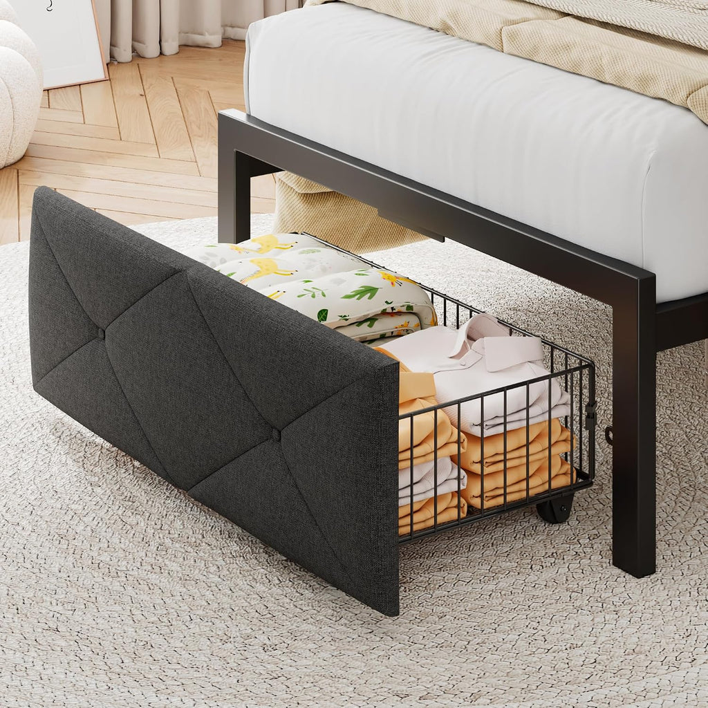 Einhomn Twin Bed Frame with Storage Drawer, Metal Platform Bed with Charging Station, Upholstered Button Tufted Storage Headboard, No Box Spring Needed, Noise-Free, Easy Assembly, Grey
