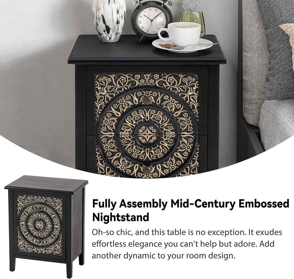 COZAYH Set of 2 2-Drawer Fully-Assembled Flower Motif Nightstand for Small Spaces, French Country, Modern, Distressed Finish,Gold & Black