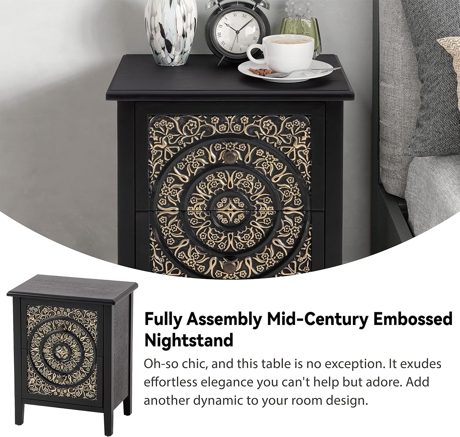 COZAYH Set of 2 2-Drawer Fully-Assembled Flower Motif Nightstand for Small Spaces, French Country, Modern, Distressed Finish,Gold & Black