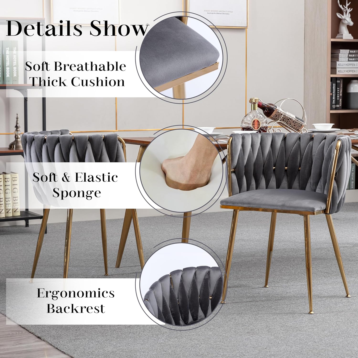 3 Piece Modern Glass Round Dining Set, Clear Circle Glass Top Dinner Room Set, 36'' Gold Luxury Circular Kitchen Table and Grey Woven Chairs Set of 2, for Small Apartment Bedroom Leisure