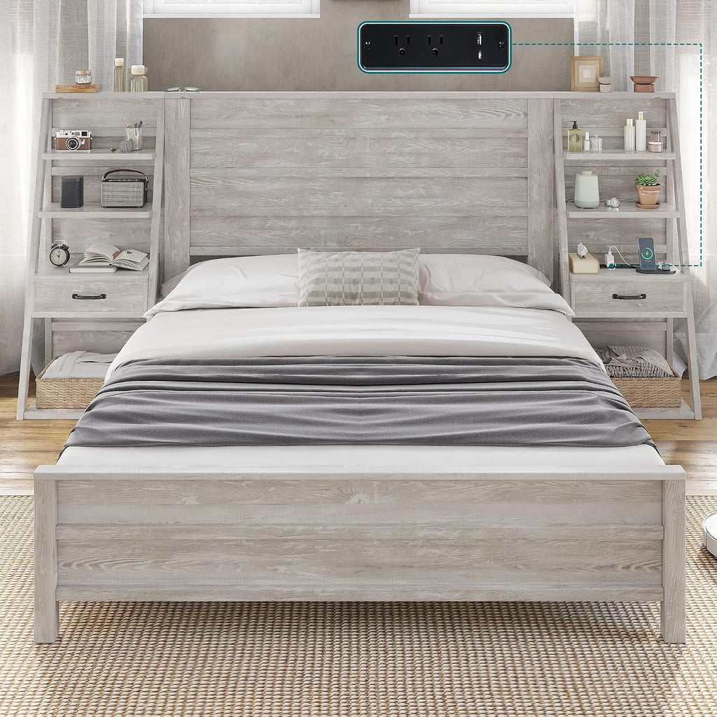 AMERLIFE Full Bed Frame with Wide Headboard and 4-Tier Bookshelves, Farmhouse Platform Bed with Charging Station & 2 Drawers, Noise-Free, No Box Spring Needed, Rustic White