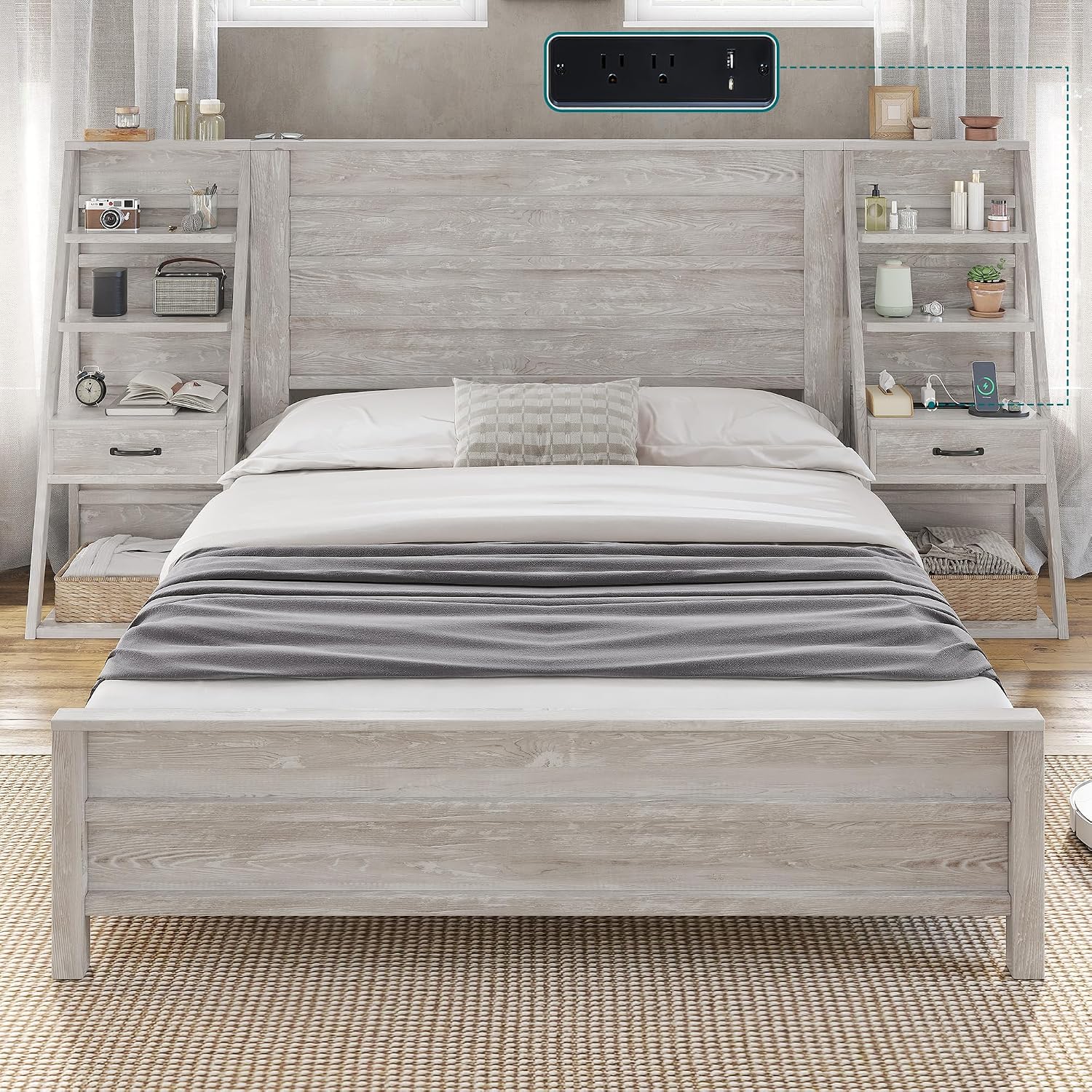 AMERLIFE Full Bed Frame with Wide Headboard and 4-Tier Bookshelves, Farmhouse Platform Bed with Charging Station & 2 Drawers, Noise-Free, No Box Spring Needed, Rustic White