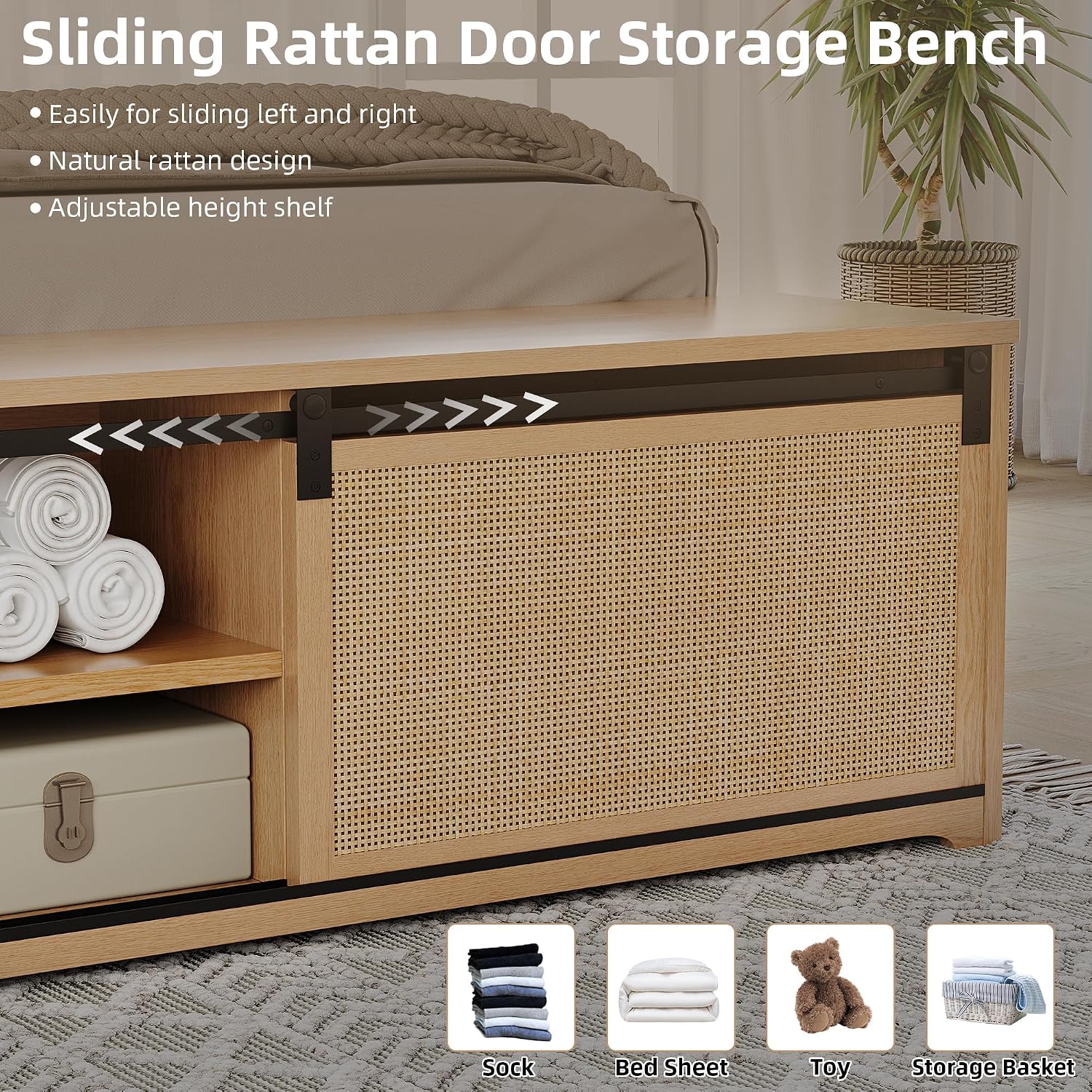 GarveeHome Natural Rattan King Size Bed Frame with Sliding Barn Door Storage Cabinets and Headboard, Boho Farmhouse Wood Platform Bed with Solid Wood Legs Support, No Box Spring Needed
