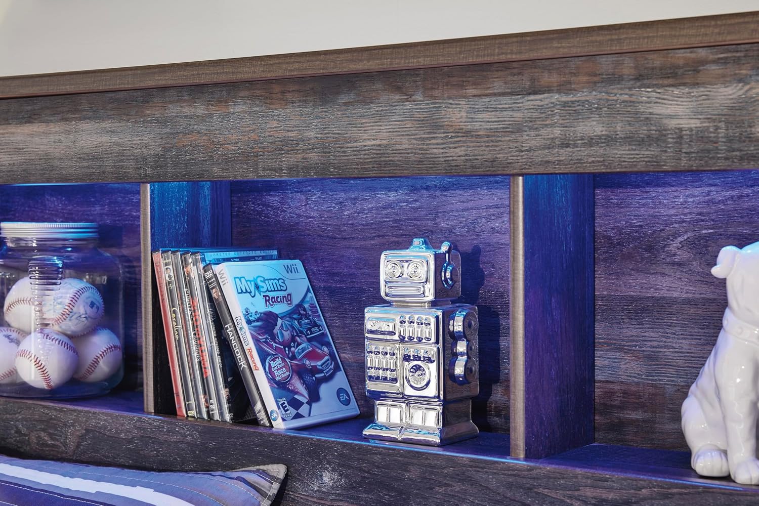 Signature Design by Ashley Drystan Rustic King Bookcase Bed with Open Cubbies and LED Lights, Foundation or Box Spring Needed, Dark Brown & Gray