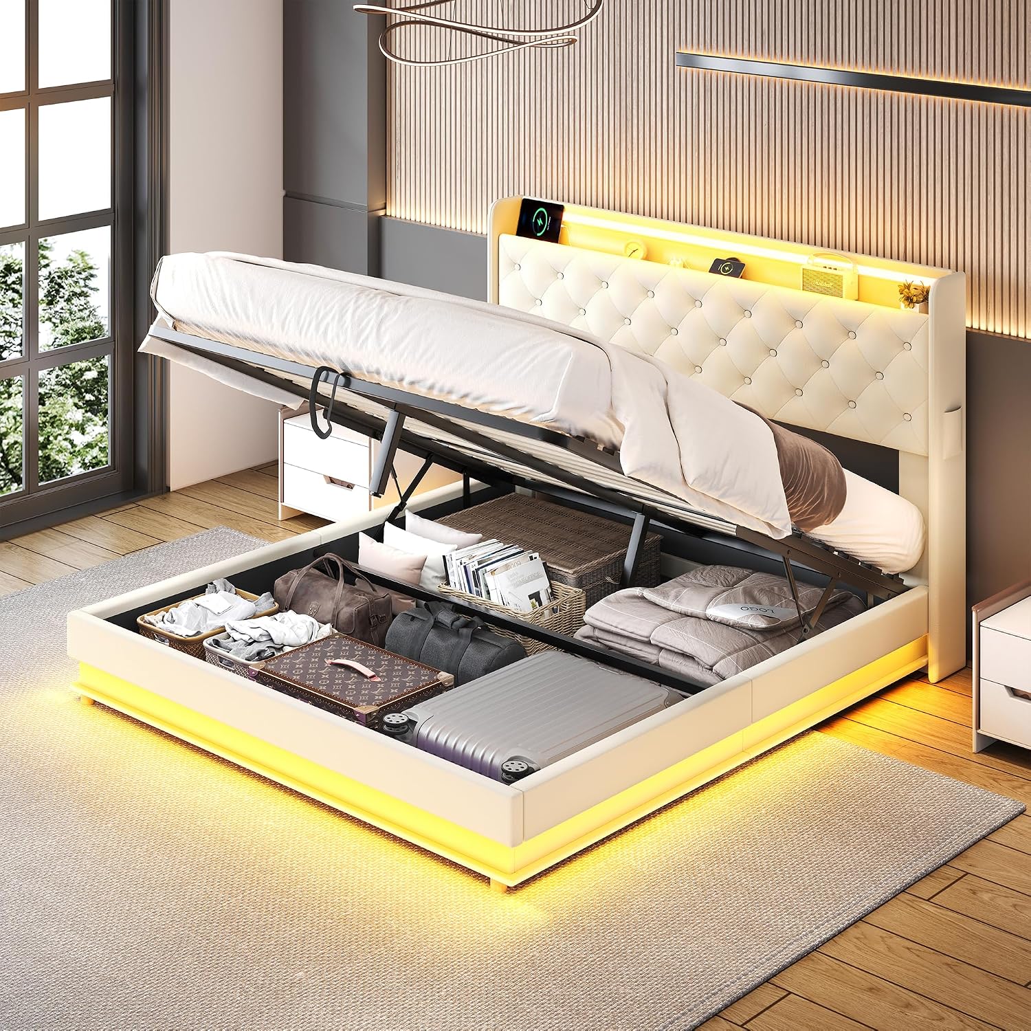 Ailisite Queen Size Lift Up Storage Bed, Upholstered Platform Bed with Button Tufted Wingback Storage Headboard, Bed Frame Queen Size with Led Lights and Charging Station, No Box Spring Needed, Beige
