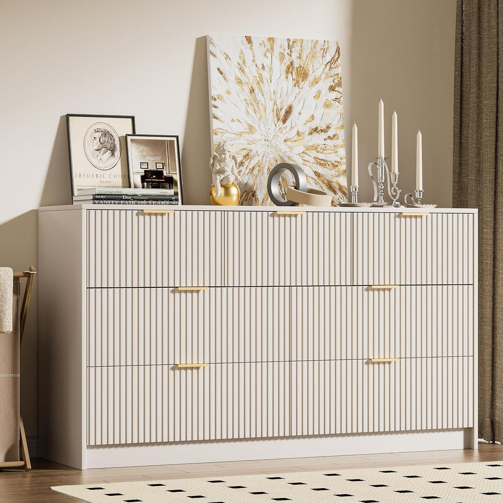 Furniway Beige Dresser for Bedroom, Modern Dresser with 7 Drawers and Smooth Slides, Wide Chest of Drawers with Golden Handles for Bedroom, Living Room, Closet, 15.7' D x 55.1' W x 31.4' H