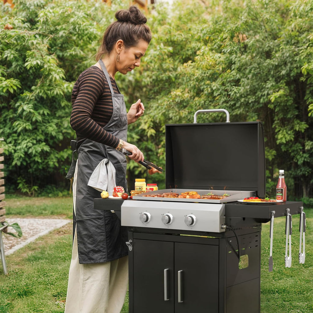 VICLLAX 28 in Flat Top Griddle Grill with Porcelain-Enameled Grates and Stainless Steel Frying Pan, 3-burner Propane Gas Griddle Grill, 33,000 BTU Output Grills for Outdoor Barbecue, Cooking and Party