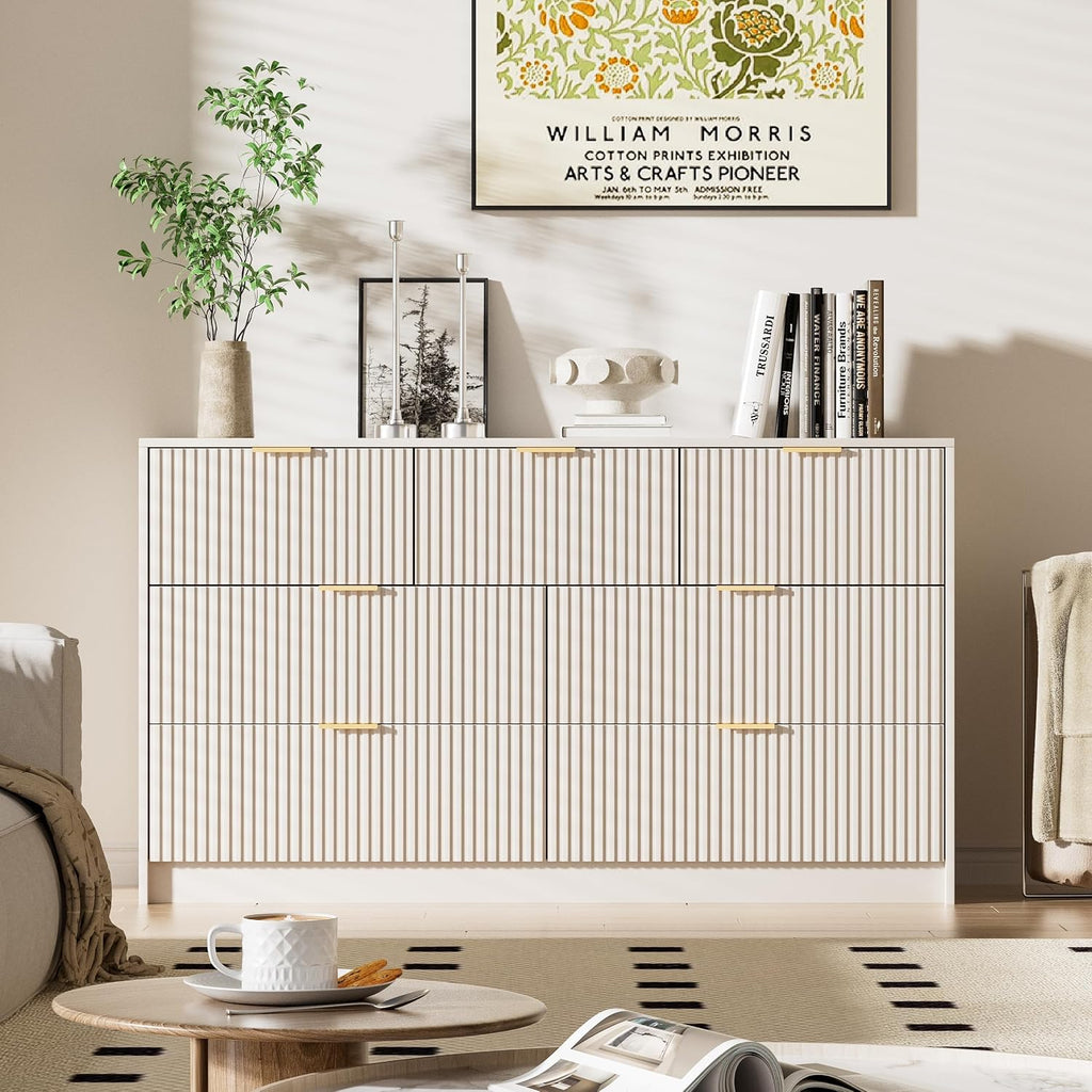 Furniway Beige Dresser Bedroom Set 3 Pieces, Nightstands Sets of 2, 7 Drawer Dresser with Gold Handles for Bedroom