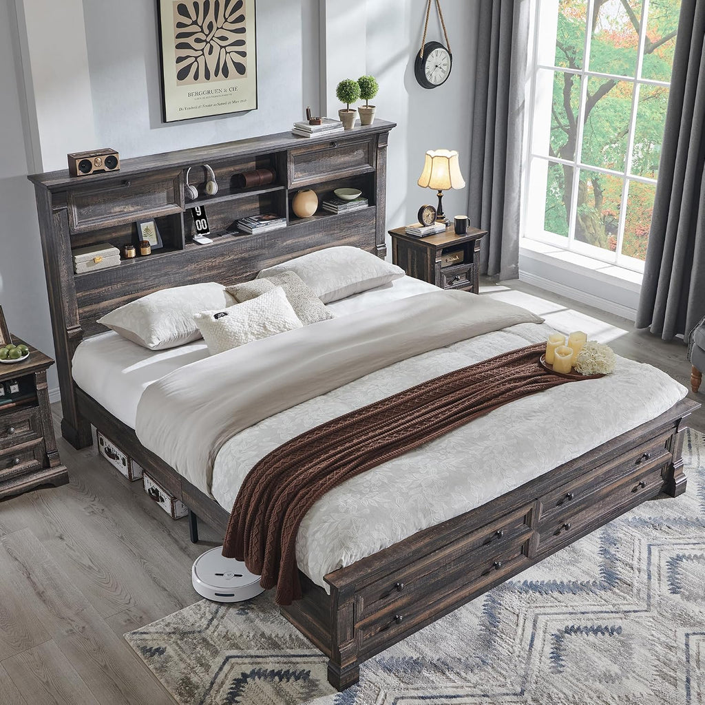 T4TREAM Farmhouse Queen Size Bed Frame with 54' Tall Storage Bookcase Headboard, Wood Platform Bed Frame with 18' Tall Roman Column Decoration Footboard & 2 Drawers(Dark Rustic Oak)