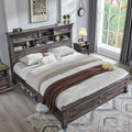 T4TREAM Farmhouse Queen Size Bed Frame with 54' Tall Storage Bookcase Headboard, Wood Platform Bed Frame with 18' Tall Roman Column Decoration Footboard & 2 Drawers(Dark Rustic Oak)