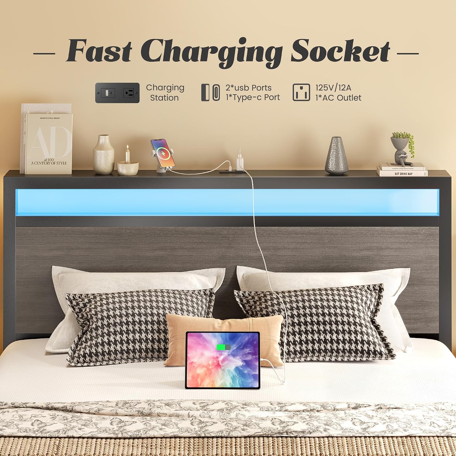 Fluest Queen Bed Frame with Headboard & Footboard, Bed Frame with Built-in Charging Station & LED Light, Storage Shelf, Noise-Free, No Box Spring Needed, Easy Assembly, Rustic Grey