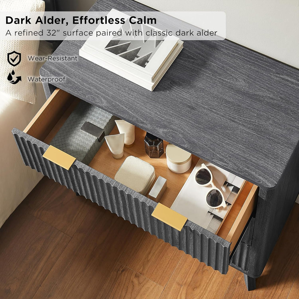 T4TREAM Fluted 3 Drawers Nightstand, Oversized Extra Large Modern Side Table, End Table Bedside for Bedroom, Living Room, Curved Profile Design, Dark Alder