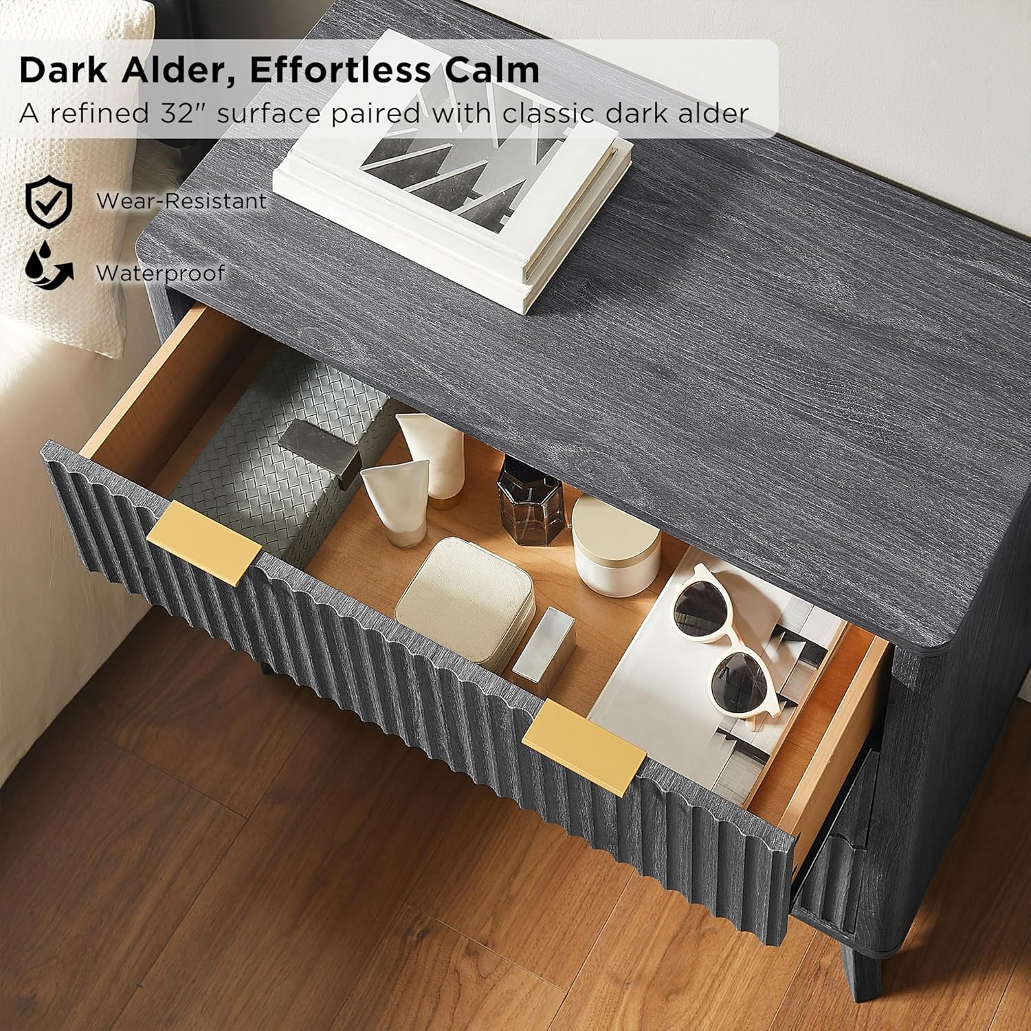 T4TREAM Fluted 3 Drawers Nightstand, Oversized Extra Large Modern Side Table, End Table Bedside for Bedroom, Living Room, Curved Profile Design, Dark Alder