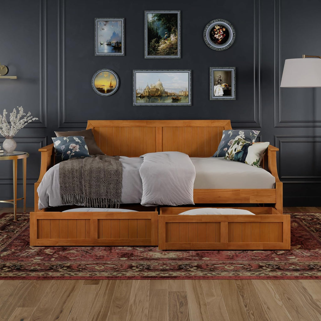 AFI, Cambridge Twin Size Wood Daybed Frame with 2 Storage Drawers, Light Toffee