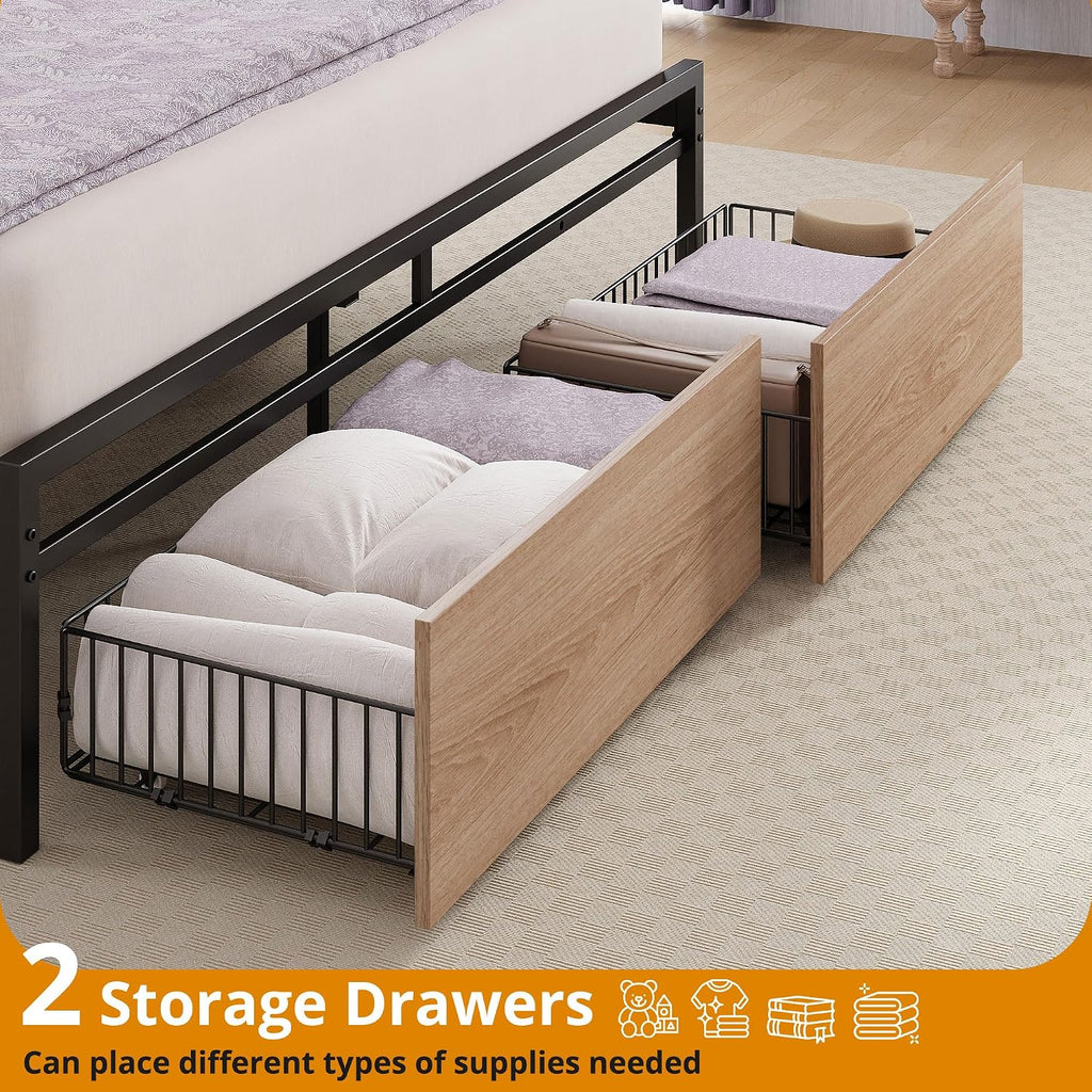 LIKIMIO Queen Size Bed Frame, Storage Headboard with Charging Station, Platform Bed with Drawers, No Box Spring Needed, Easy Assembly, Wood and Cream