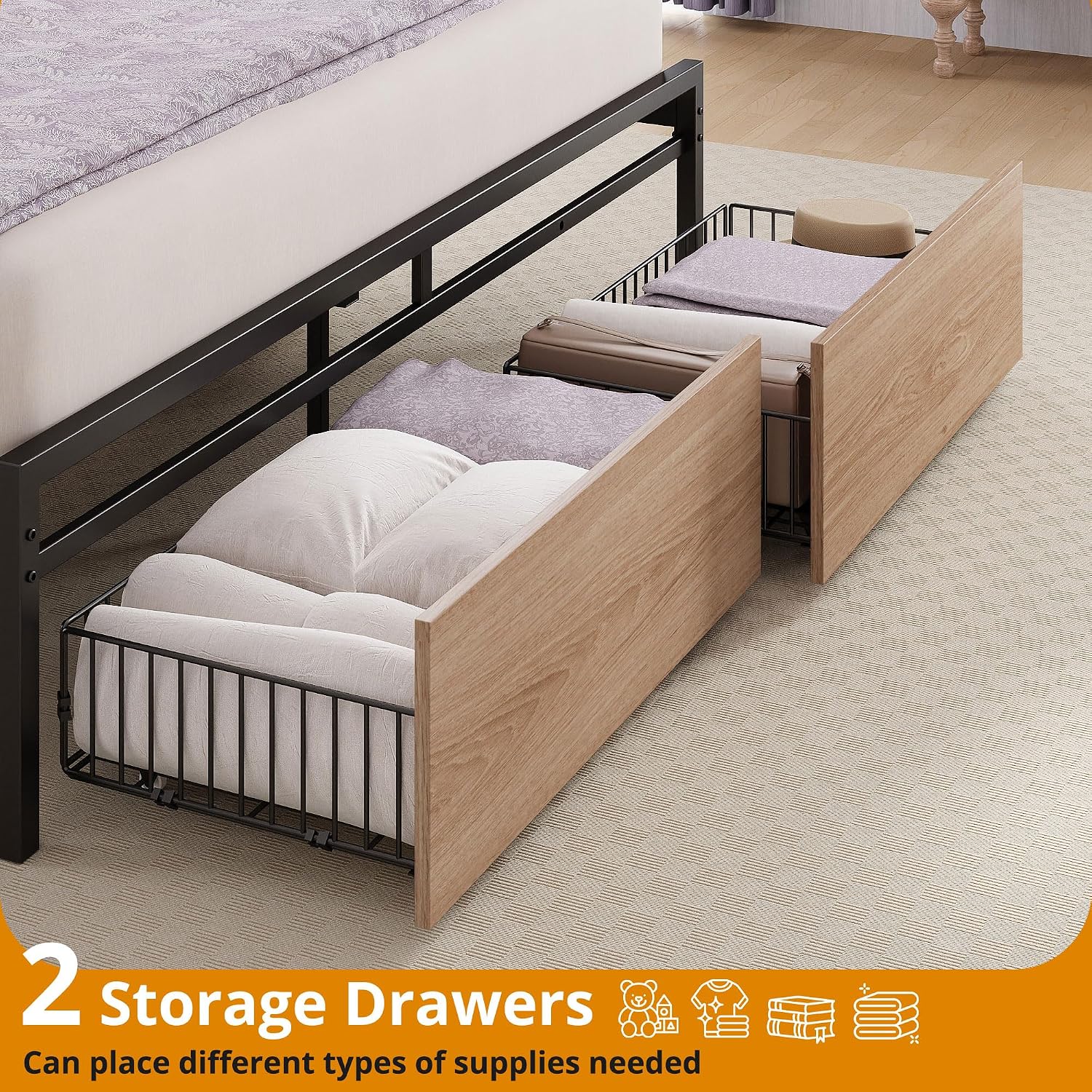 LIKIMIO Queen Size Bed Frame, Storage Headboard with Charging Station, Platform Bed with Drawers, No Box Spring Needed, Easy Assembly, Wood and Cream