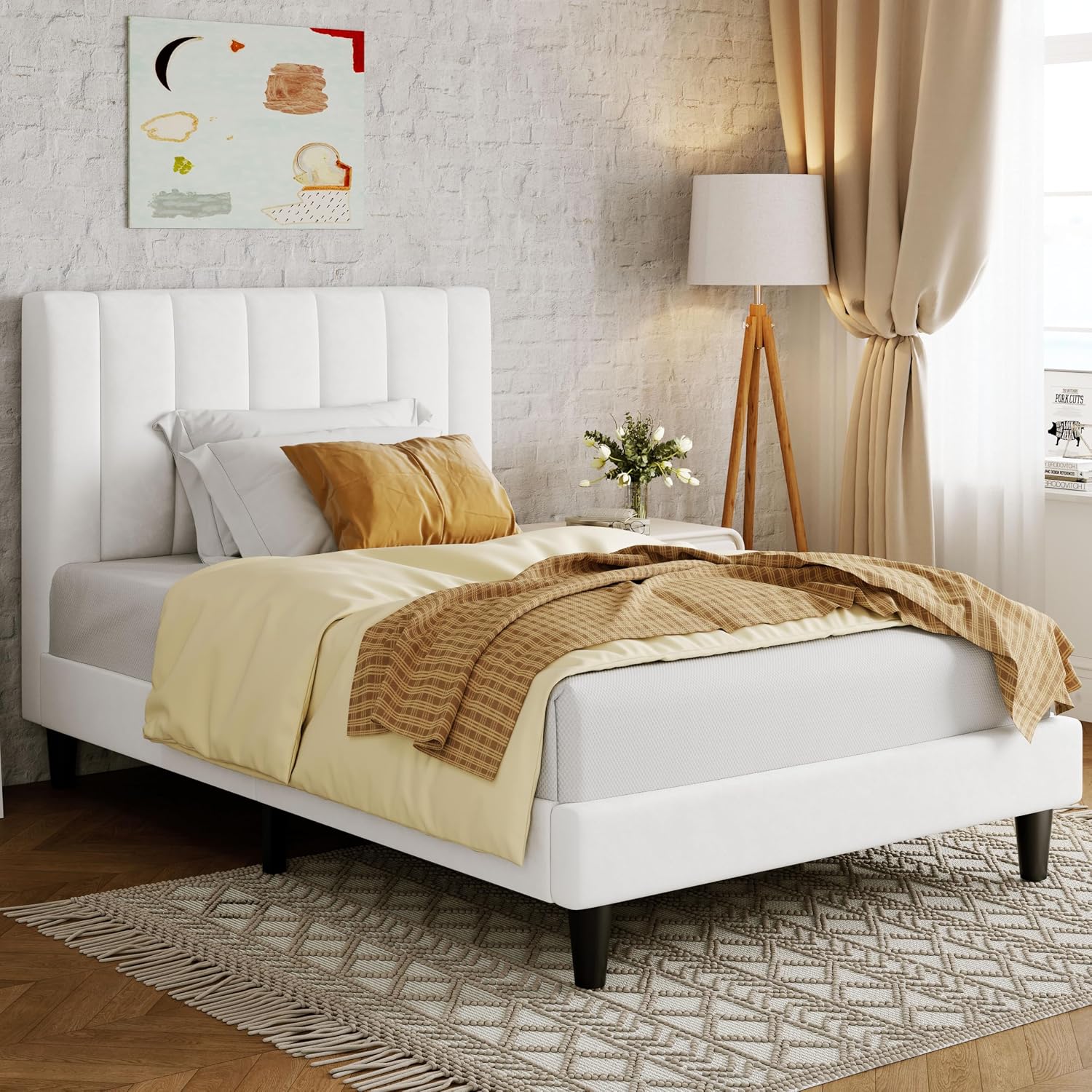 Allewie Twin Bed Frame/Velvet Upholstered Bed Frame with Vertical Channel Tufted Headboard/Strong Wooden Slats/Platform Bed Frame/Mattress Foundation/Box Spring Optional/Easy Assembly/White