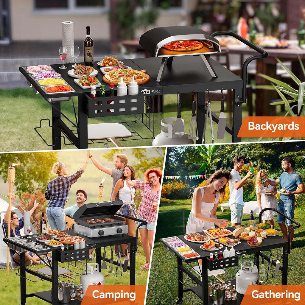 Leteuke Pizza Oven Table, Grill Cart Table for Blackstone Griddle, Outdoor Pizza Oven Stand Fits Ninja, Cuisinart, Gozney, Solo Stove, BBQ Prep Tables Station with Seasoning Tray, 47'x27.5'x30'