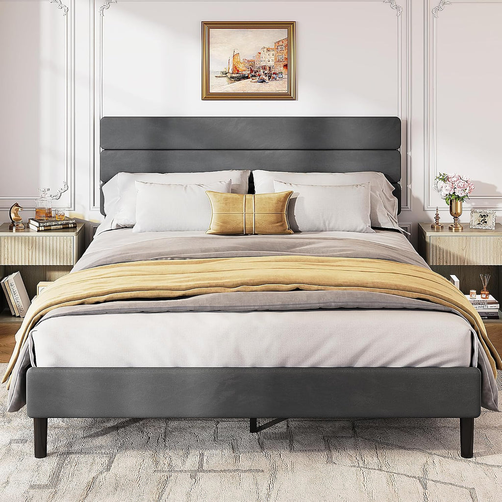 WLIVE Upholstered Bed Frame, Queen Bed Frame with Headboard, Platform Bed with Wood Slats, 1500LBS Mattress Foundation, No Box Spring Needed, Easy Assembly, Velvet Grey