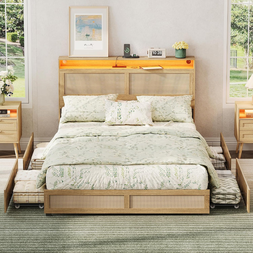 Maupvit Full Size Boho Bed Frame with Rattan Hidden Storage Headboard, LED Light and 4 Drawers, Charging Station, Metal Platform Bed, No Box Spring Needed,Brown