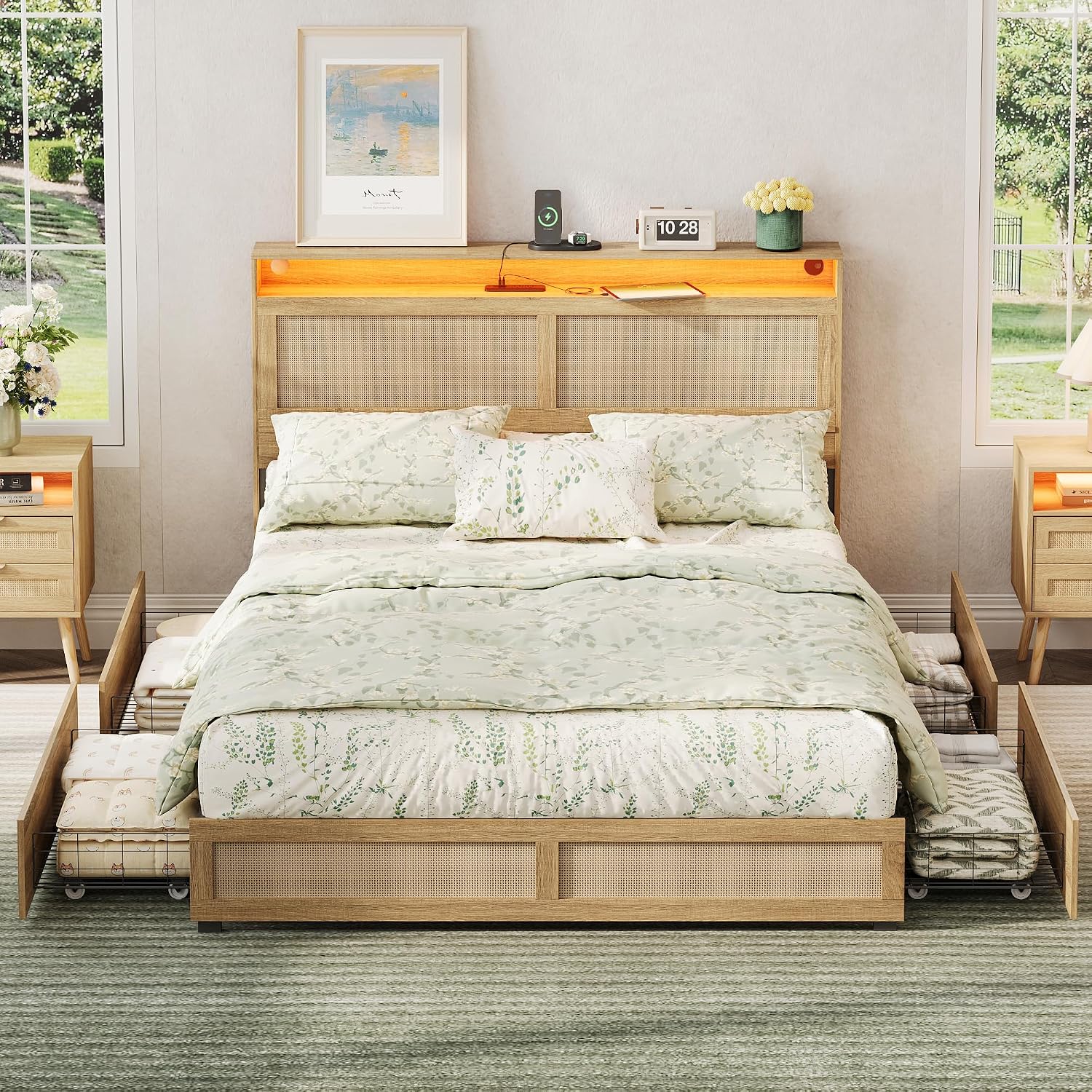 Maupvit Full Size Boho Bed Frame with Rattan Hidden Storage Headboard, LED Light and 4 Drawers, Charging Station, Metal Platform Bed, No Box Spring Needed,Brown