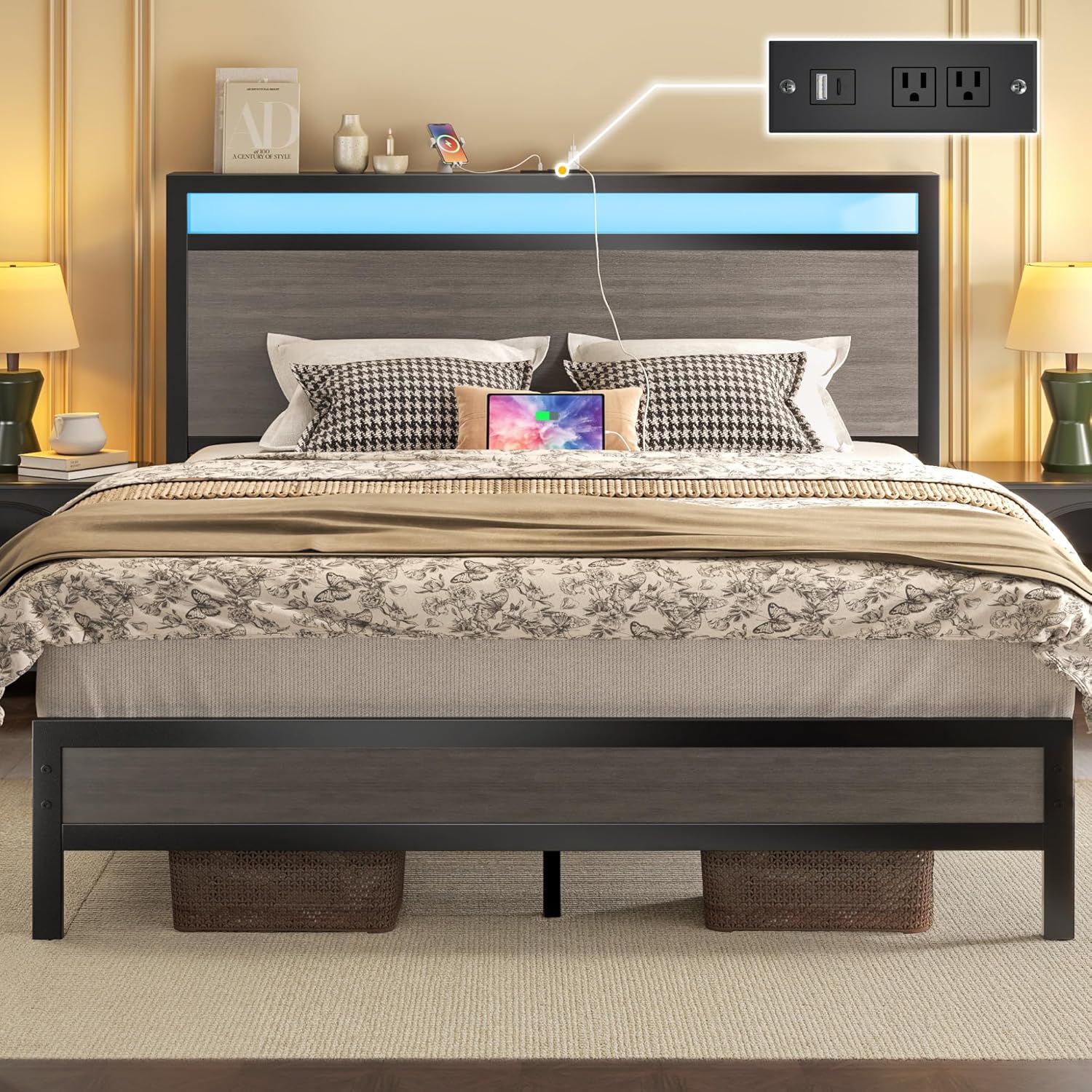 Fluest Queen Bed Frame with Headboard & Footboard, Bed Frame with Built-in Charging Station & LED Light, Storage Shelf, Noise-Free, No Box Spring Needed, Easy Assembly, Rustic Grey