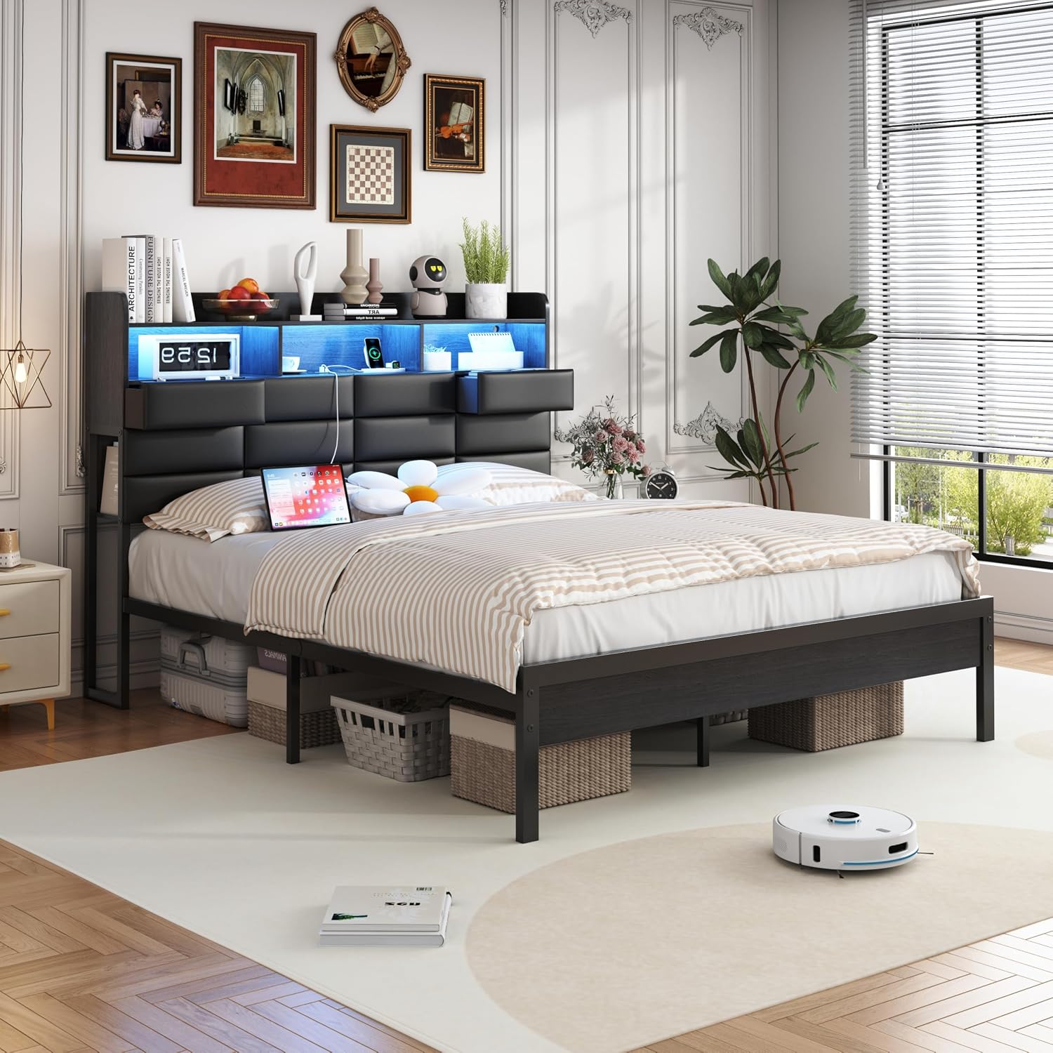 King Size Black Bed Frame with 2 Storage Drawers and Charging Station, Upholstered Bed Frame with PU Leather Headboard LED Lights, Metal Slats Support, No Box Spring Needed, Noise Free