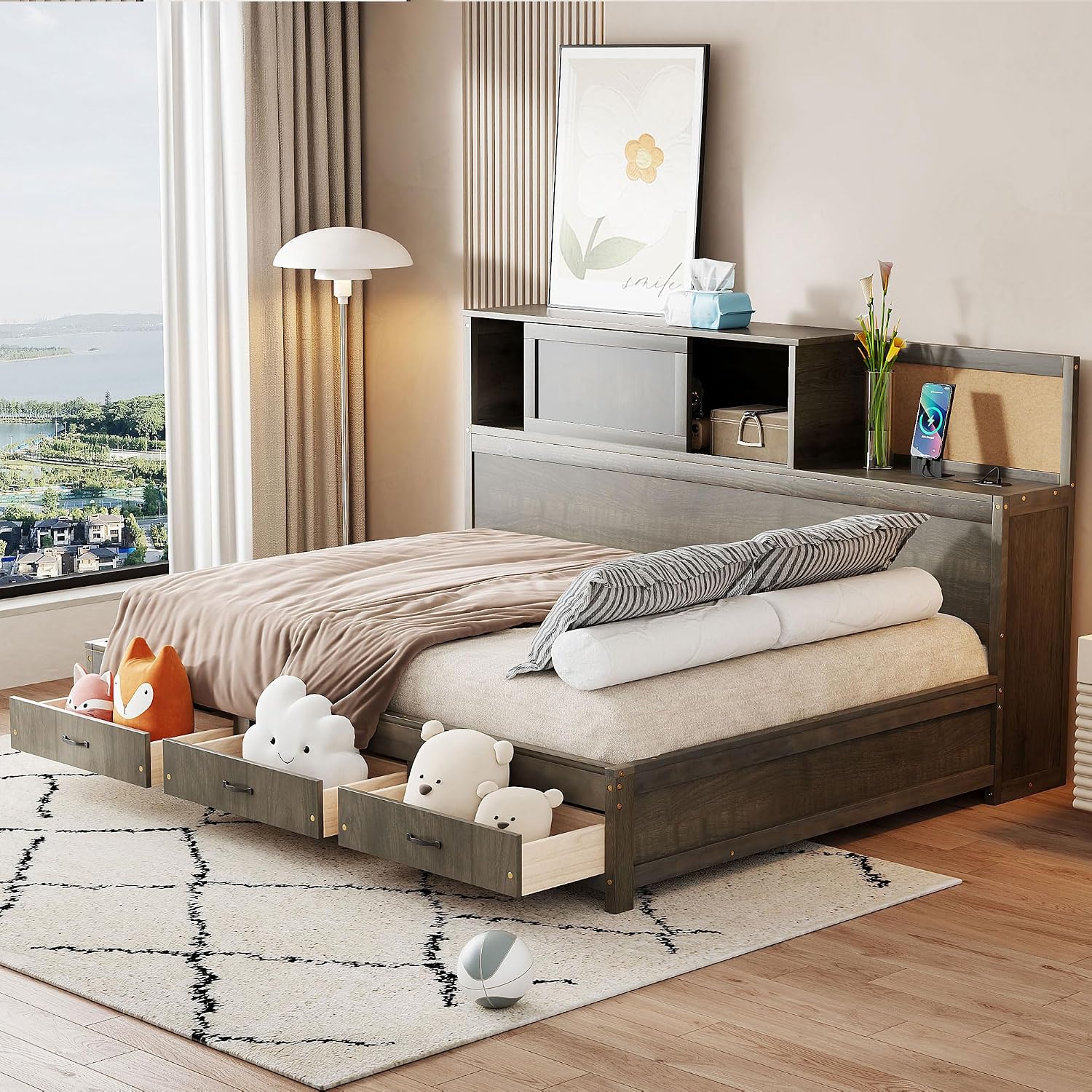 Wooden Daybed with 3 Storage Drawers, Upper Soft Board, Shelf, and a Set of Sockets and USB Ports, Full Size, Gray