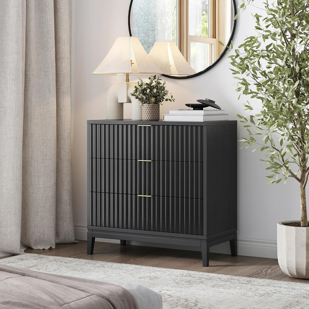 Nathan James Jasper 3 Drawer, Bohemian Fluted, Solid Wood for Nursery, Small Dresser for Bedroom, Black Oak