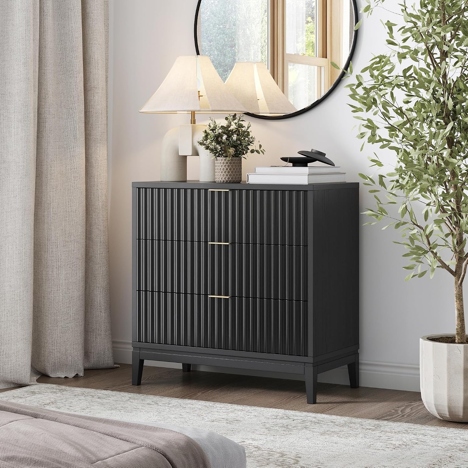 Nathan James Jasper 3 Drawer, Bohemian Fluted, Solid Wood for Nursery, Small Dresser for Bedroom, Black Oak