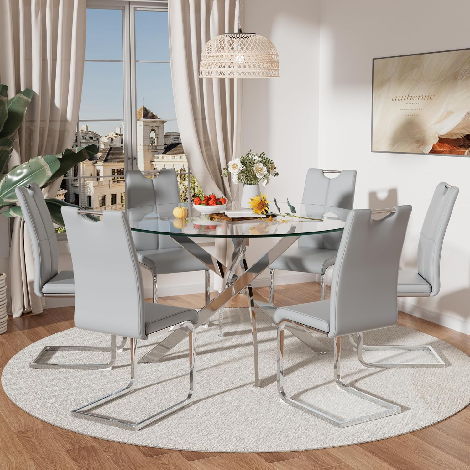 RGZ 7 Pieces Modern Round Kitchen Set, Clear Circle Glass Dining Table with Light Grey PU Faux Leather Chairs Set of 6, 47'' Large Luxury Circular Dinner Room Set, for Apartment Bedroom (Silver)