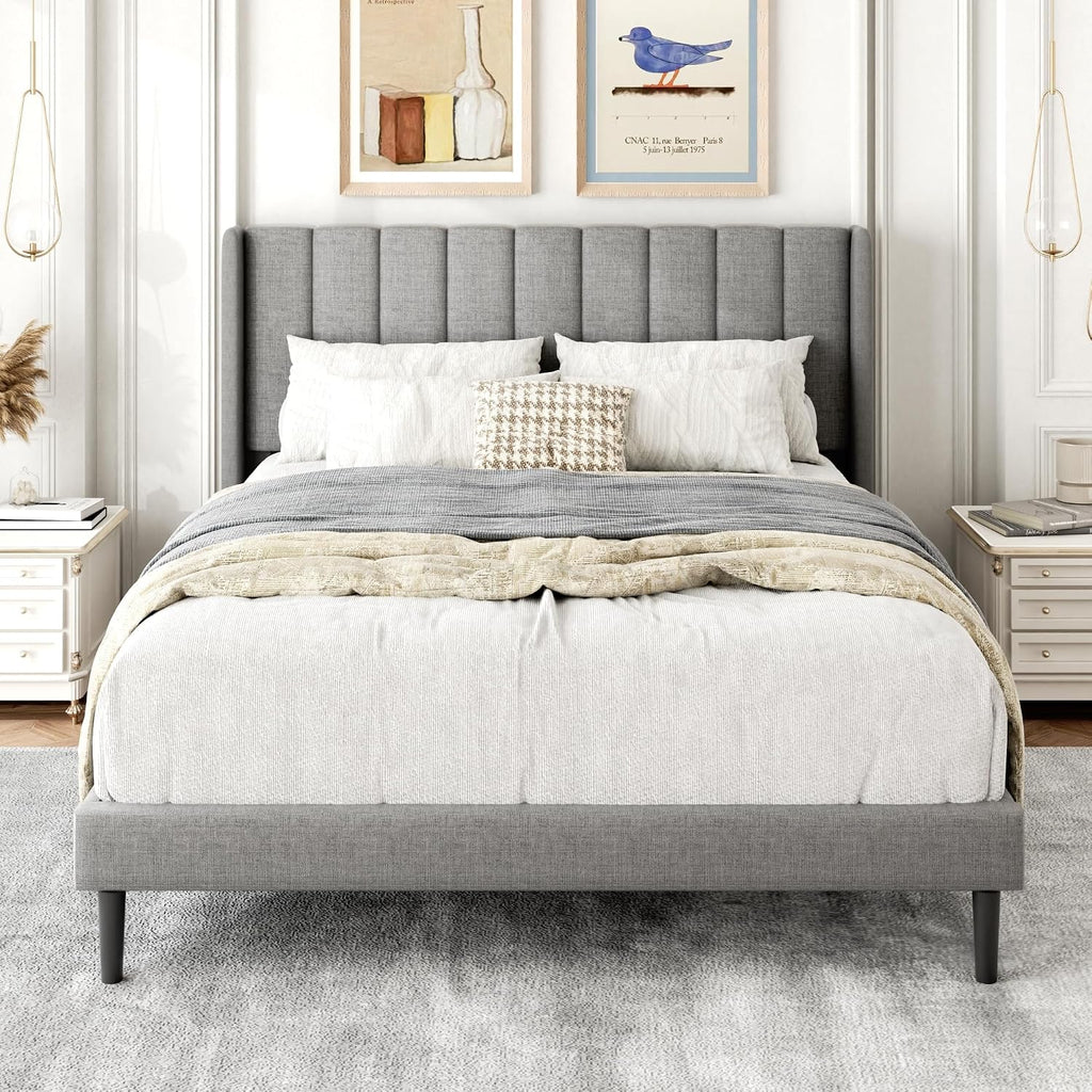 Gruwans Full Size Bed Frame with Upholstered Wingback Headboard, Easy Assemnly Platform Bed, Wooden Slat Support No Box Spring Needed, Light Gray
