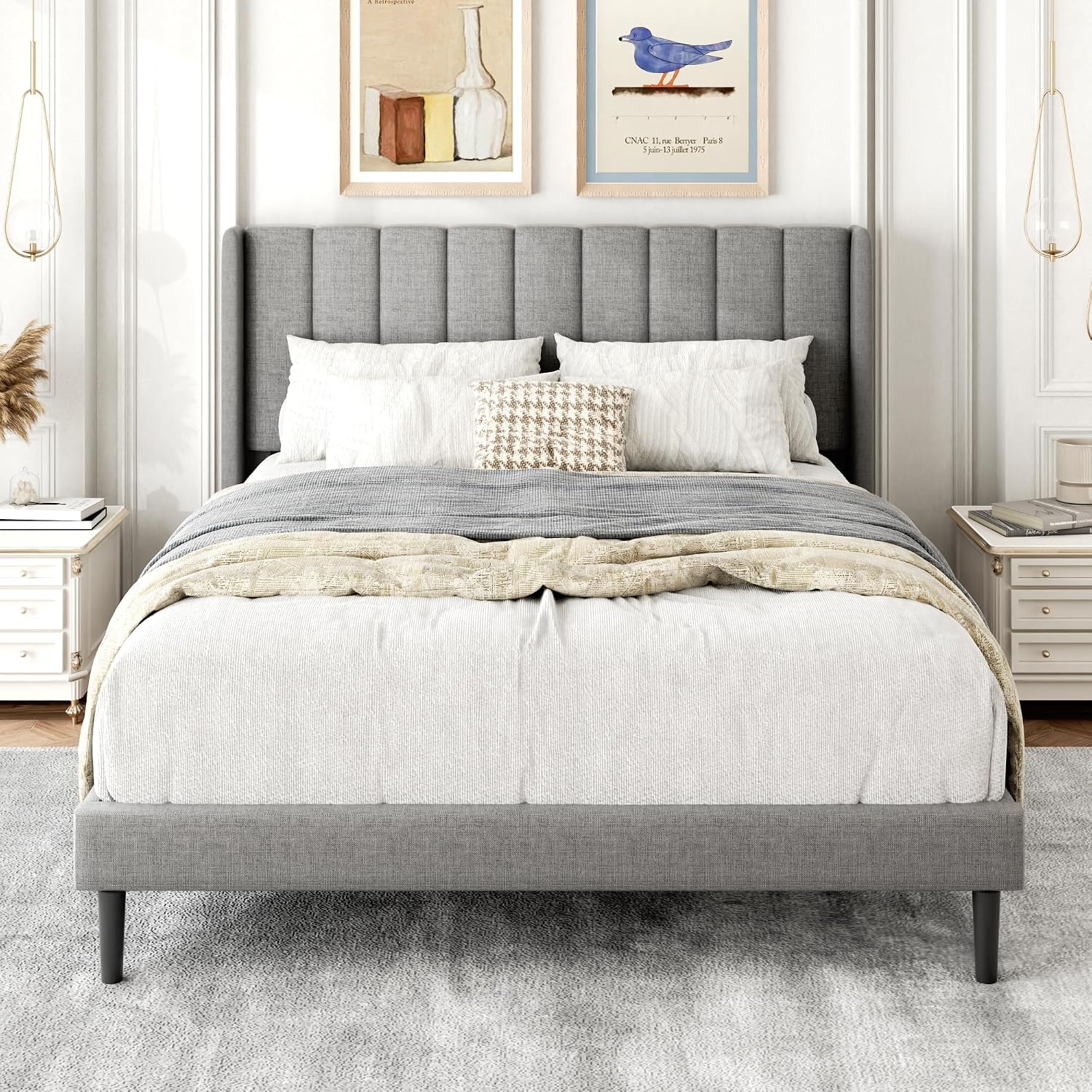 Gruwans Full Size Bed Frame with Upholstered Wingback Headboard, Easy Assemnly Platform Bed, Wooden Slat Support No Box Spring Needed, Light Gray