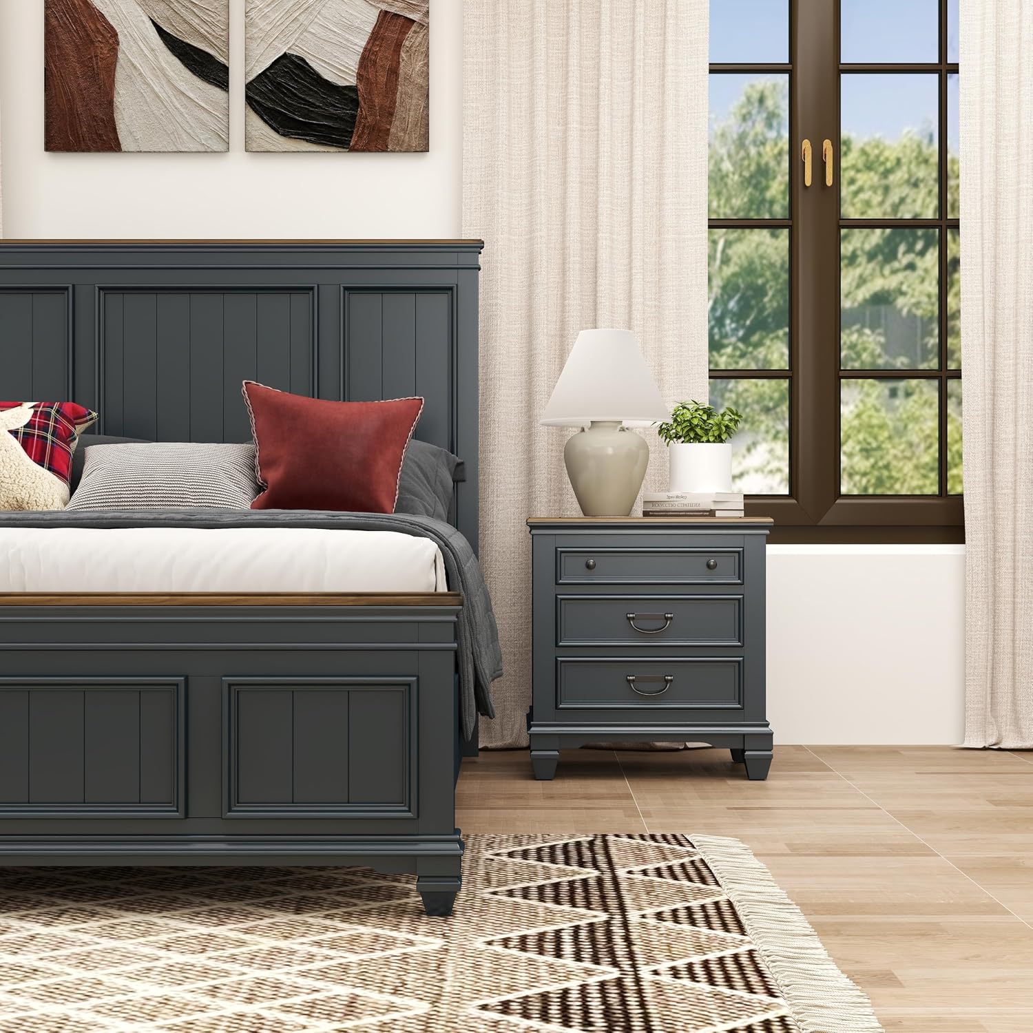 Roundhill Furniture Riverton Wood Bedroom Set with Shiplap Panel Queen Bed, Dresser, Mirror, and Two Nightstands in Slate Blue