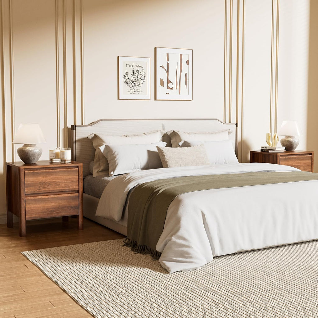 Furniway Walnut Mid-Century Modern 3 Piece Bedroom Furniture Set, 5 Drawer Dresser with Handleless Wood Grain Design and Nightstands Set of 2, Minimalist Storage Dresser for Bedroom