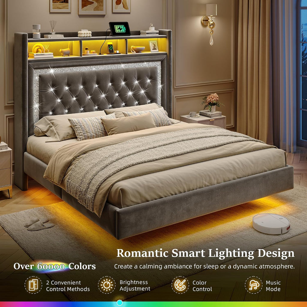 Homkdom Floating Bed Frame Queen with LED Lights & Charging Station, Upholstered Platform Bed with Velvet Storage Headboard, Heavy Duty Metal Slats,No Box Spring Needed,Noise Free,Easy Assembly, Grey