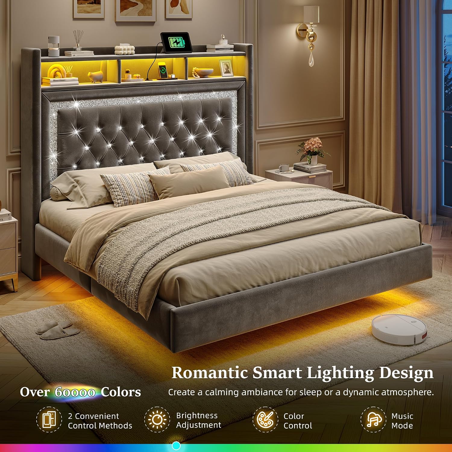 Homkdom Floating Bed Frame Queen with LED Lights & Charging Station, Upholstered Platform Bed with Velvet Storage Headboard, Heavy Duty Metal Slats,No Box Spring Needed,Noise Free,Easy Assembly, Grey