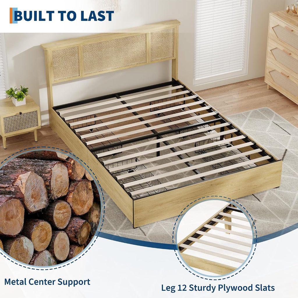 IDEALHOUSE Queen Bed Frame with Natural Rattan Headboard, Slats, Bohemian-Style Cane Mattress Support, Strong Metal Base with Resilient Wooden, No Box Spring Needed