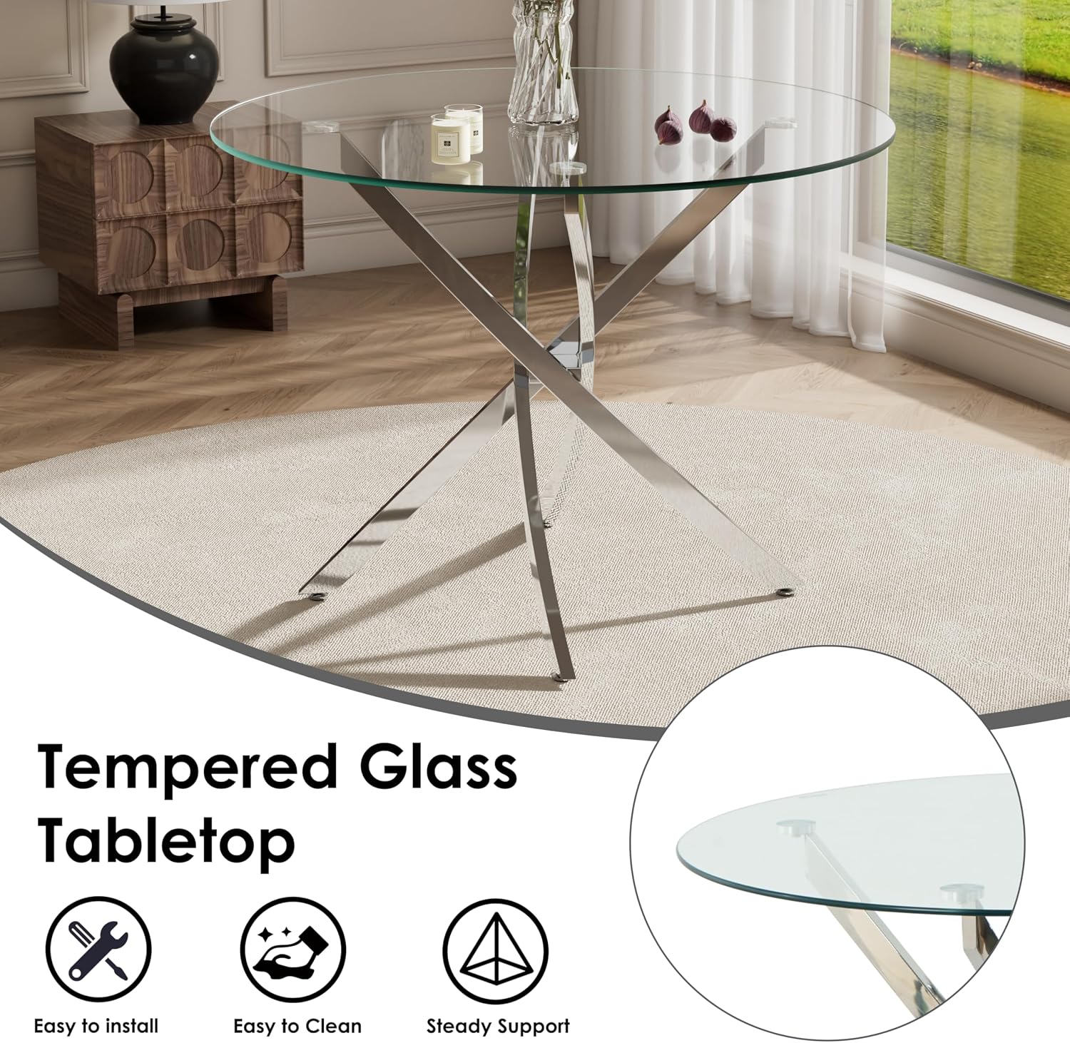 RGZ 3 Pieces Modern Round Kitchen Set, Clear Circle Glass Dining Table with Light Grey PU Faux Leather Chairs Set of 2, 36'' Small Luxury Circular Dinner Room Set, for Breakfast Nook Home (Silver)