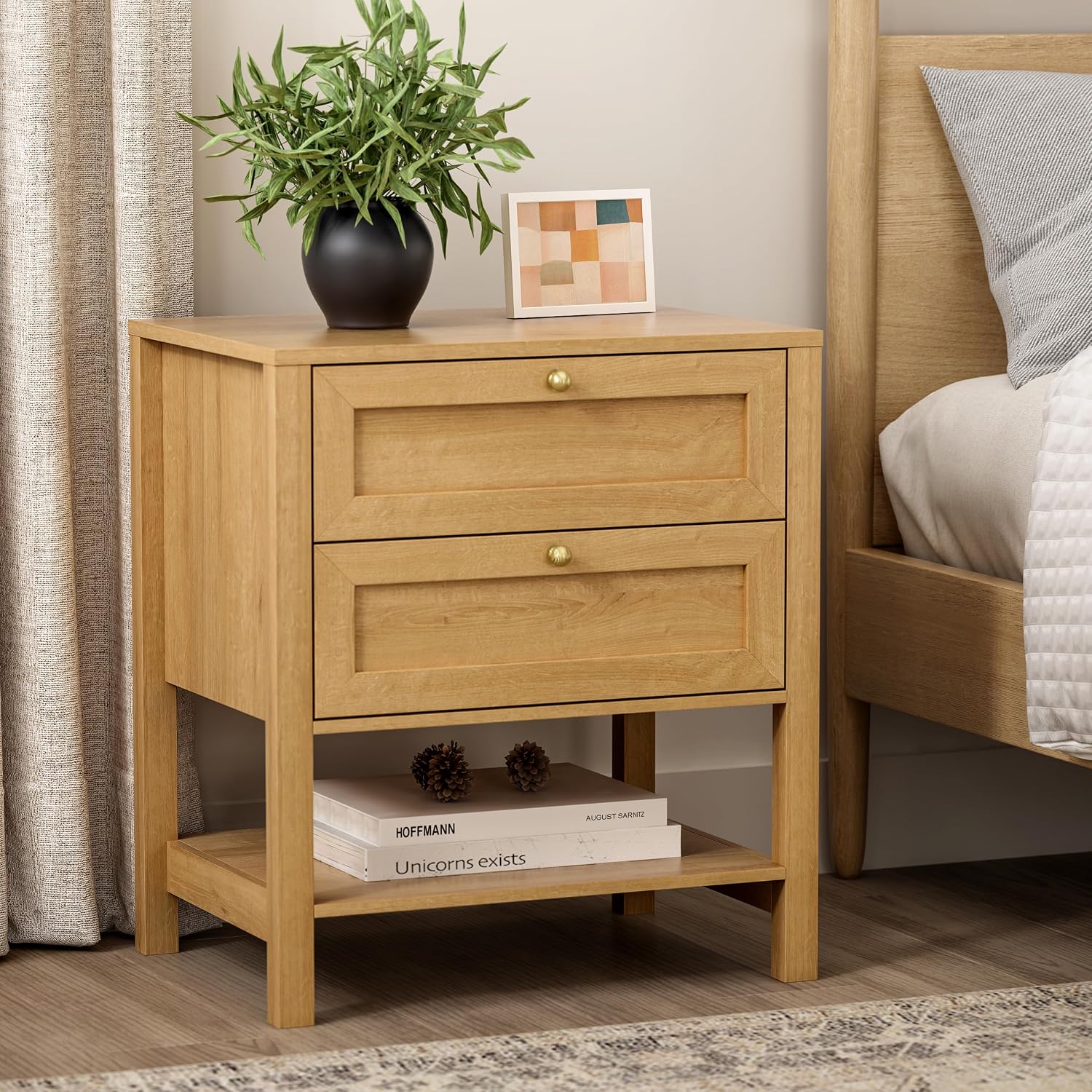 EYYTHUNG Modern Nightstand with Drawers, Large Farmhouse Wood Bedside Table with Open Shelf, 22' Wide Tall End Table for Sofa, Bedroom, Natural Oak