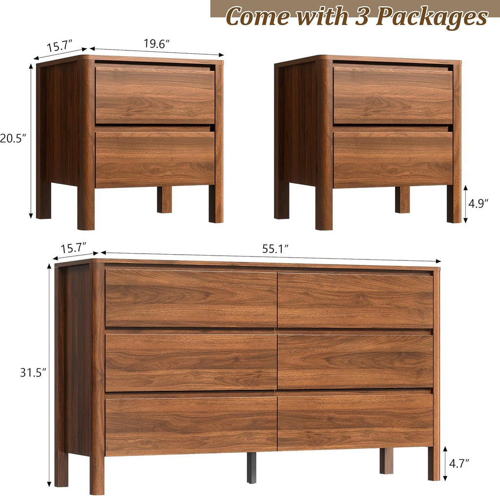 Furniway Walnut Mid-Century Modern 3 Piece Bedroom Furniture Set, 6 Drawer Dresser with Handleless Wood Grain Design and Nightstands Set of 2, Minimalist Storage Dresser for Bedroom